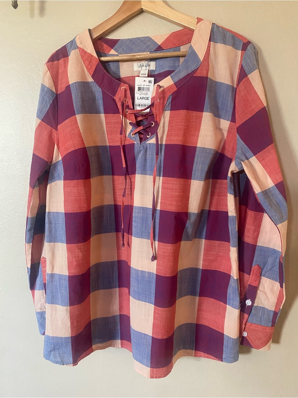 Style & Co. Plaid Lace-Up Top - Picture 5 of 5